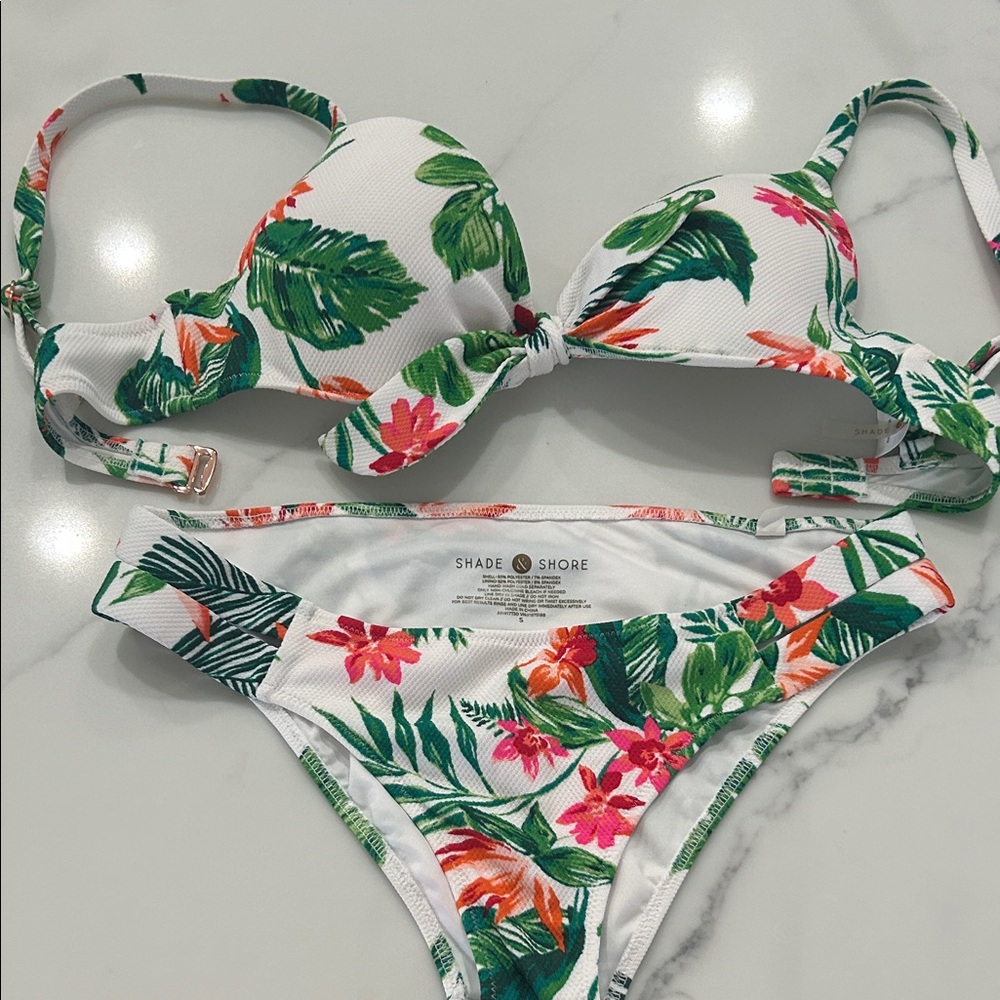 Shade & Shore White Bikini with Green Leaf and Coral Floral Print